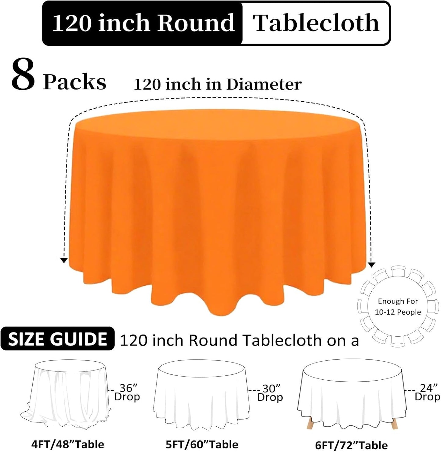 8 Pack Orange Round Tablecloth 120 Inch Stain and Wrinkle Resistant Round Orange Table Cloth Reusable and Washable Polyester Fabric for Buffet Wedding Party and Banquet