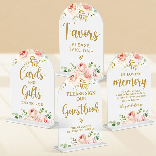 4 Pcs Acrylic Wedding Signs for Reception, Bridal Shower Decorations, Cards and Gifts Signs, Guest Book Sign, Arch Acrylic Table Top Sign with Holder for Wedding Reception (White Pink Flowers)