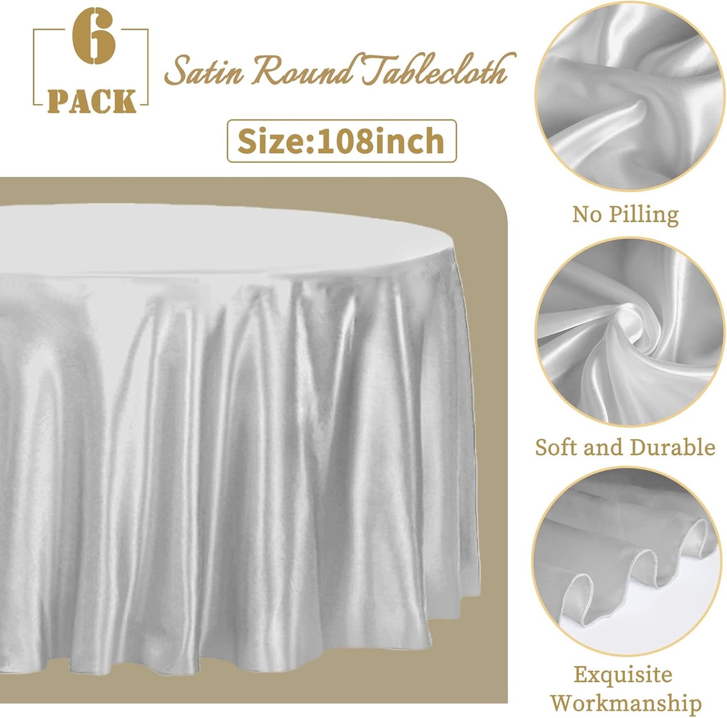 fani 6 Pack 108 Inch Sliver Round Tablecloth - Premium Silky Satin Tablecloth Overlay Smooth Fabric Table Cover Linens, Table Decoration for Wedding Party Banquet Events Restaurant Kitchen Dining