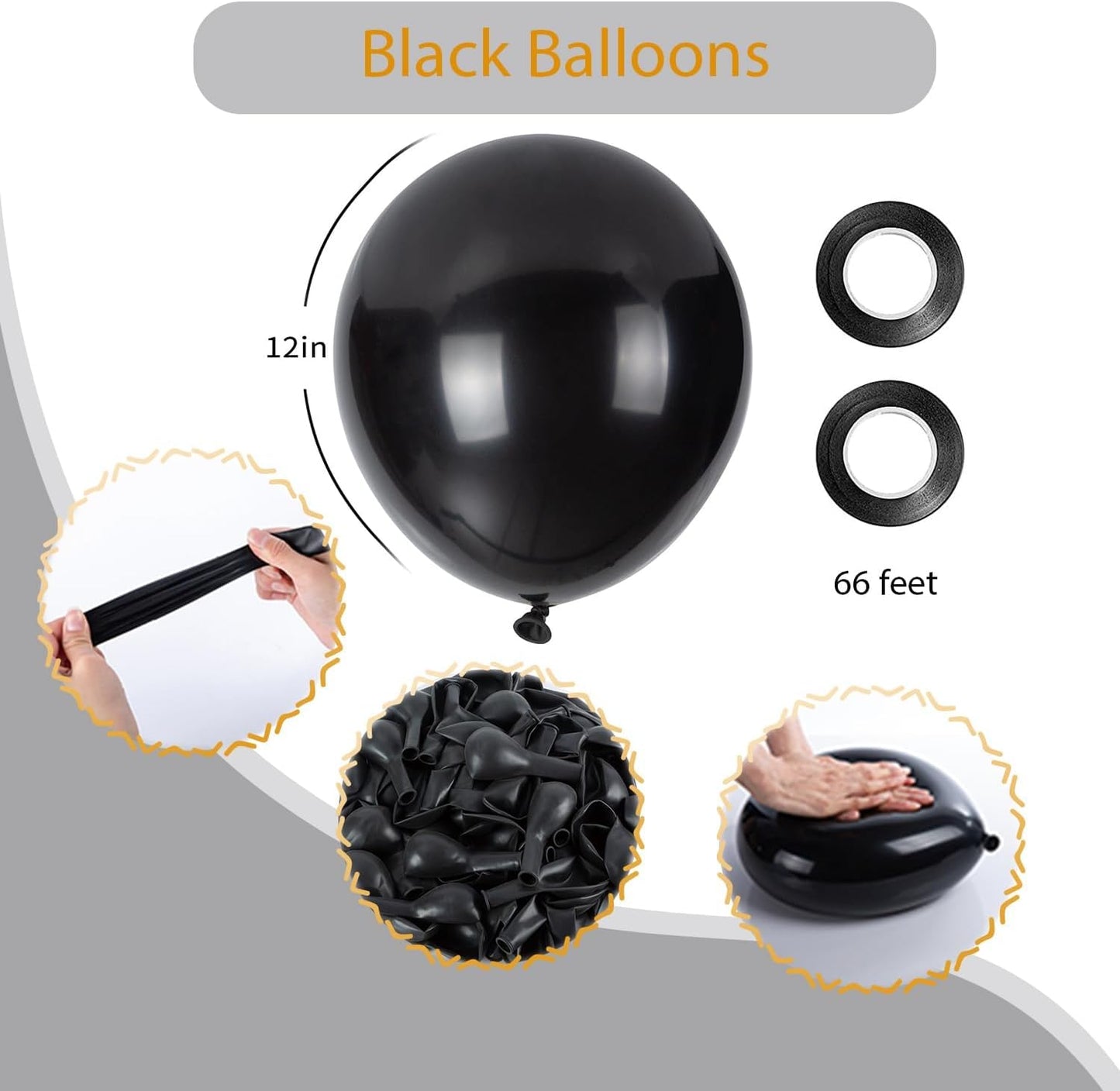100pcs Black Balloons, Helium Quality 12 inch Black Party Balloons for Birthday, Halloween, Graduation Party Decorations (66ft Ribbons)