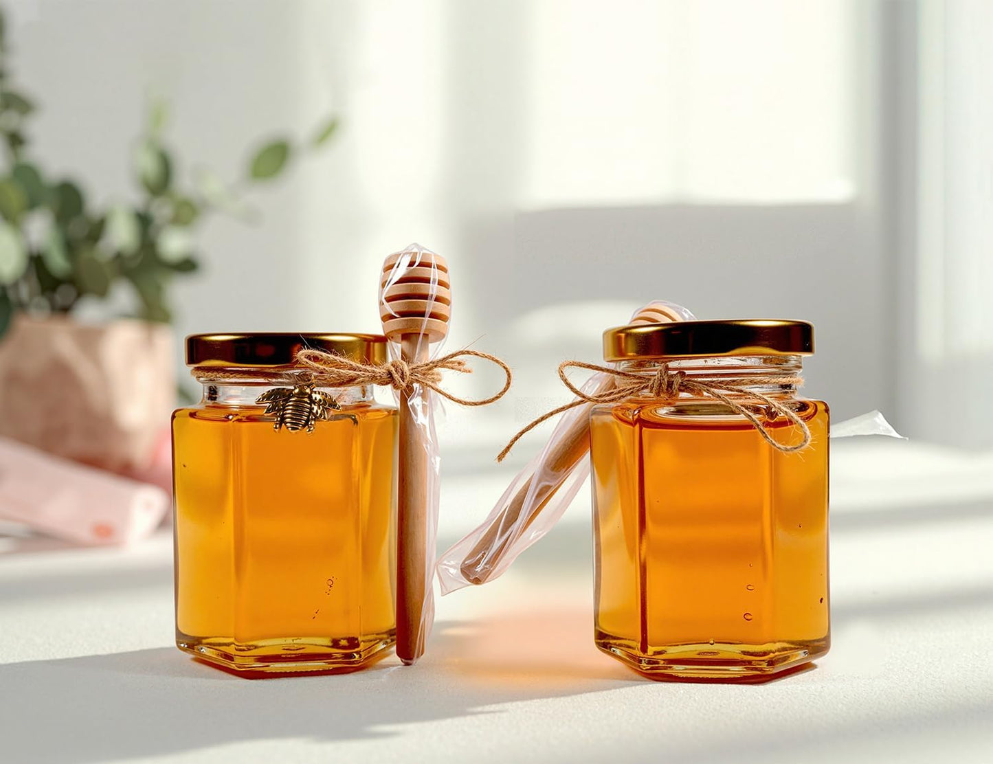 Adabocute 4oz Hexagonal Honey Jars - Glass Honey Jars with Gold Lids, Wooden Dippers, Bee Charms and Jutes - Hexagon Jars for Baby Shower, Wedding and Party Favors, 12 Pack