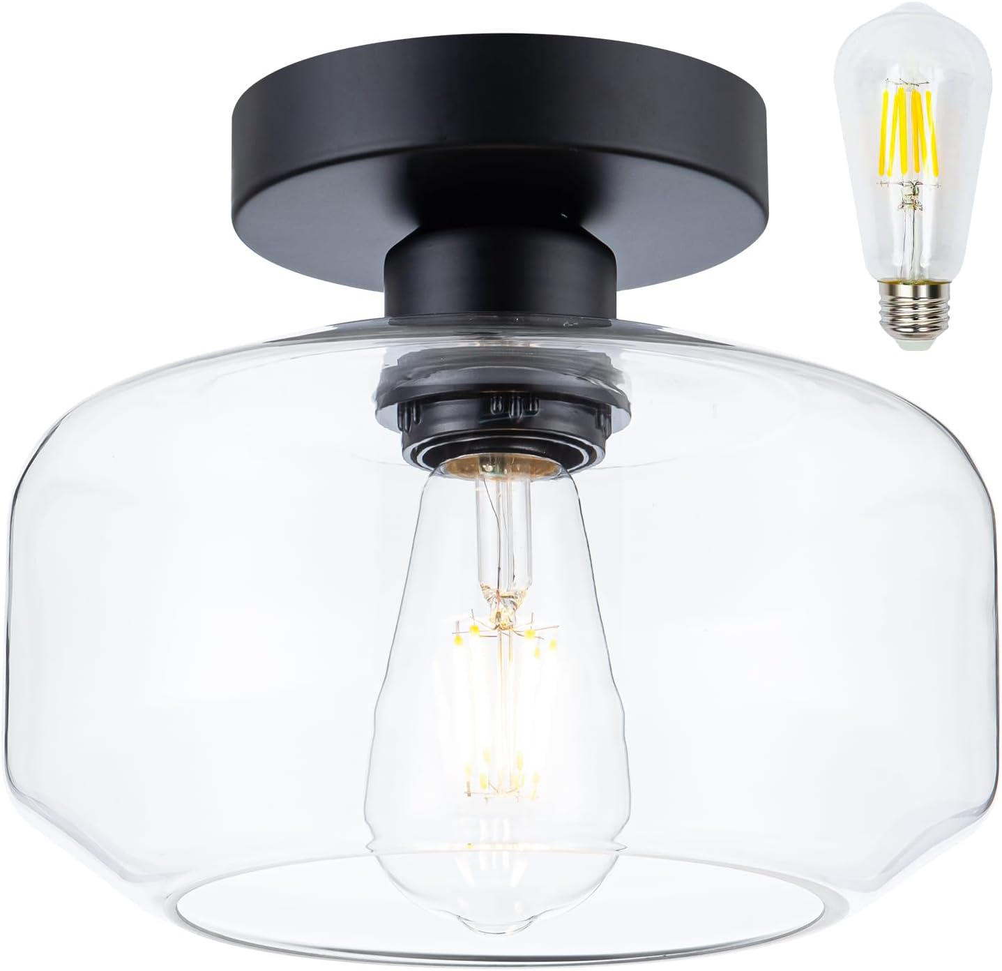 Black Flush Mount Ceiling Light - Modern Glass Semi-Flush Fixture w/LED Bulb - Matte Black Metal for Hallway, Kitchen, Bathroom, Bedroom - Easy Install