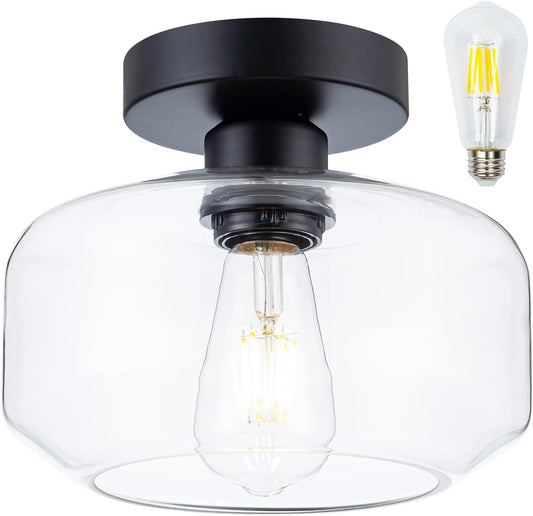 Black Flush Mount Ceiling Light - Modern Glass Semi-Flush Fixture w/LED Bulb - Matte Black Metal for Hallway, Kitchen, Bathroom, Bedroom - Easy Install