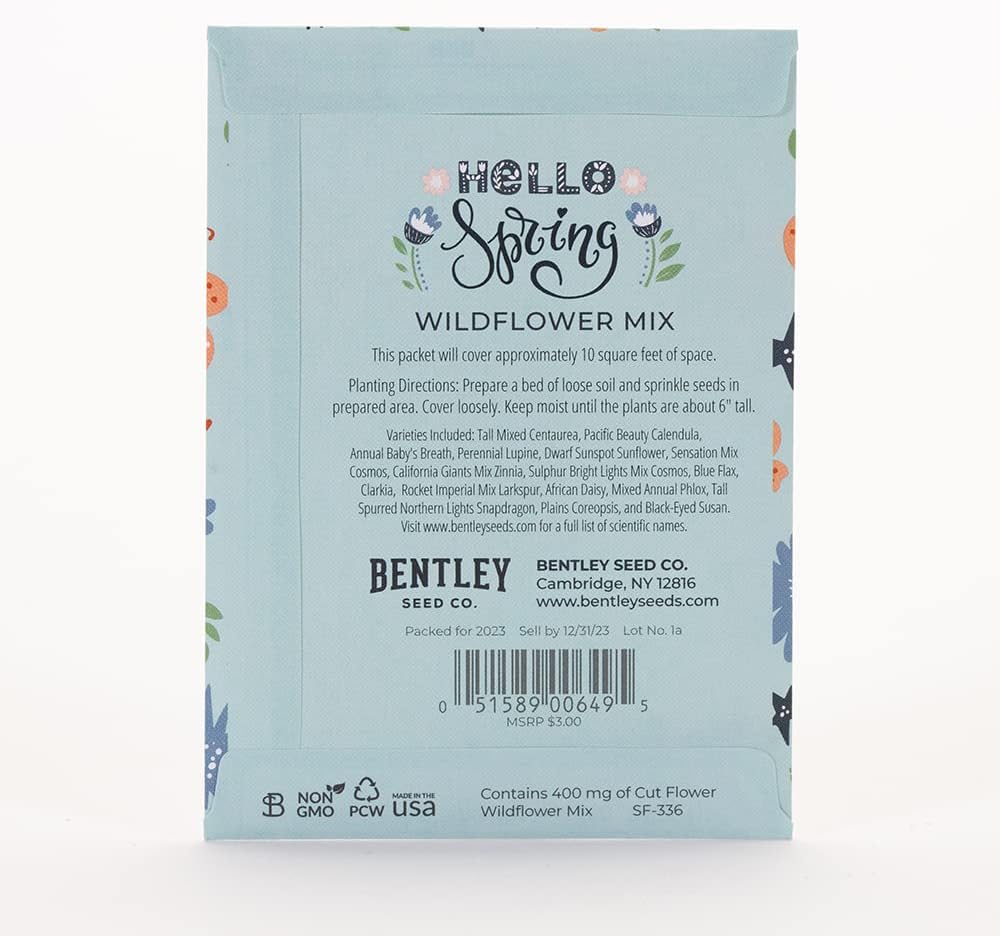 Hello Spring Blue Background - Wildflower Mix Seed Packets: 25 Wildflower Seed Packets for Planting - Flower Seeds - Garden Seed to Grow Live Plants - Spring Flowers - Bentley Seed Co.
