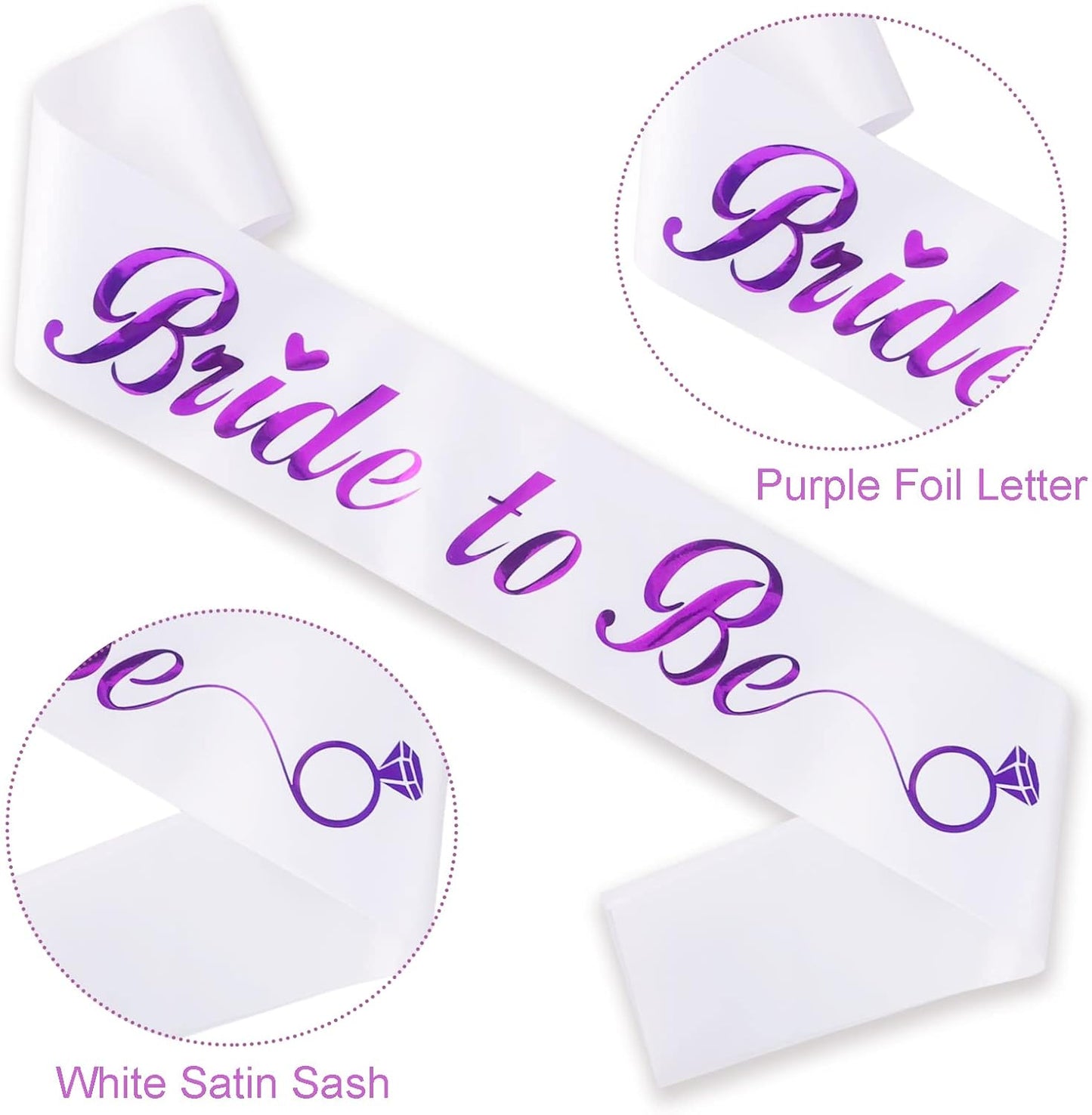 KETAOO Bride to Be Sash, Violet Foil White Lace Bachelorette Sash for Bridal Shower Favors Engagement or Wedding Party Accessories Hen Night Gifts, Bride to Be (White + Violet) (KE0000036)