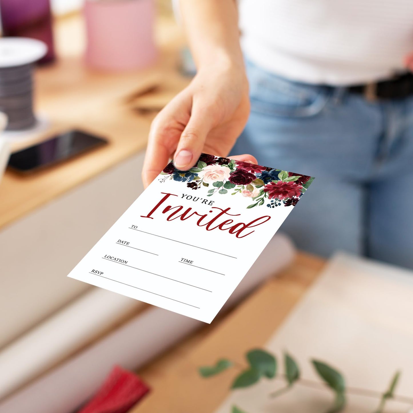 Whaline 25 Sets Flower Invitations with Envelopes Stickers Watercolor Floral Leaves Invitation