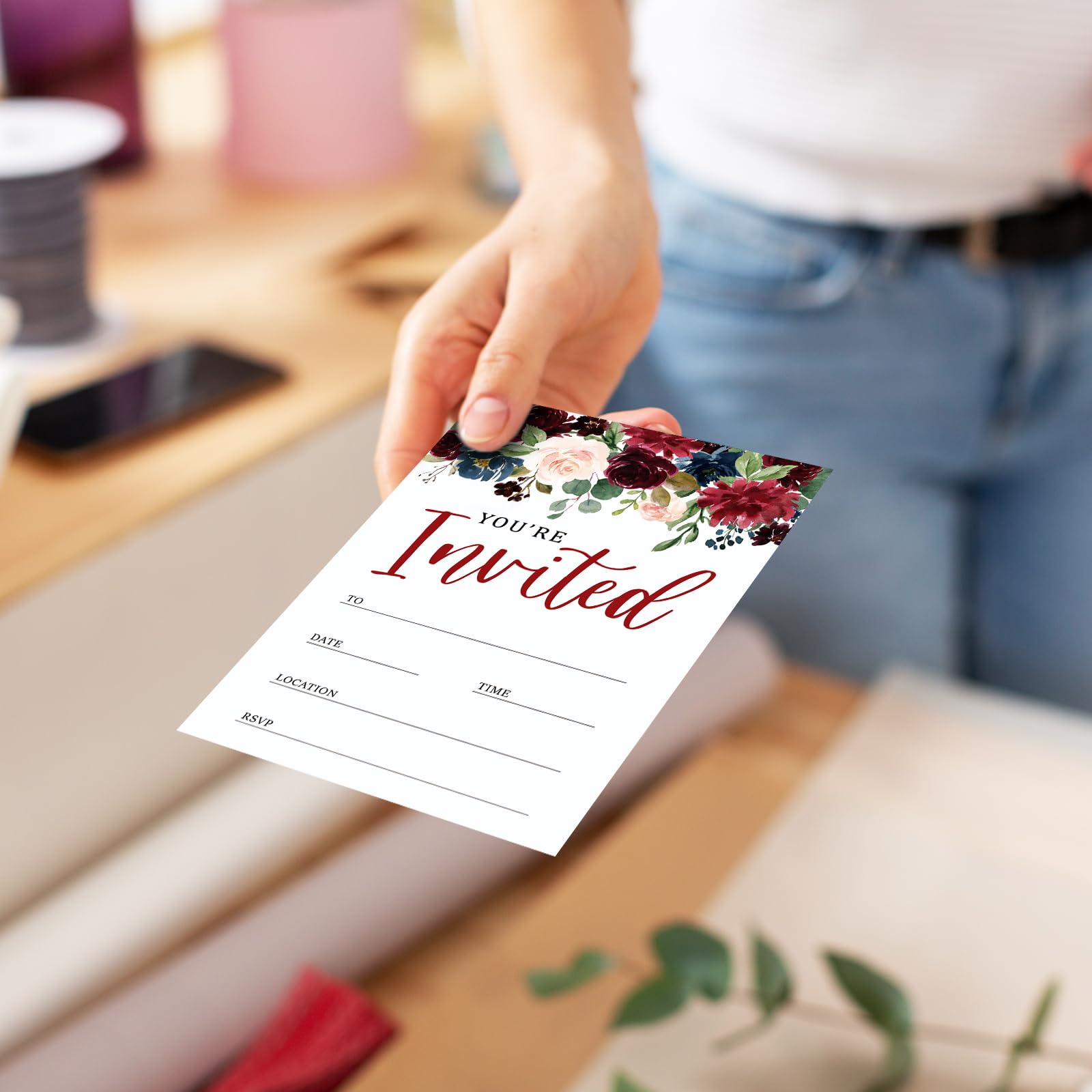 Whaline 25 Sets Flower Invitations with Envelopes Stickers Watercolor Floral Leaves Invitation