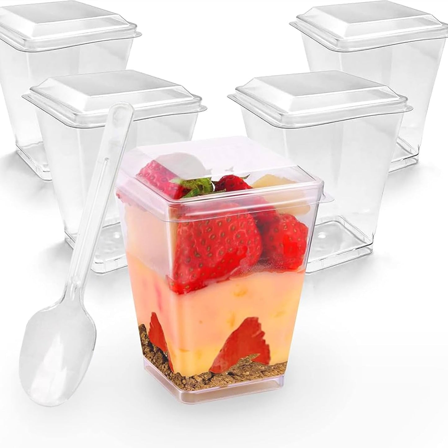 50 Pack 5 oz Plastic Dessert Cups with Lids and Spoons - Clear Yogurt Parfait Cups with Lids - Mini Dessert Shooter Cup with Spoons for Fruit Pudding Mousse Ice Cream Appetizer