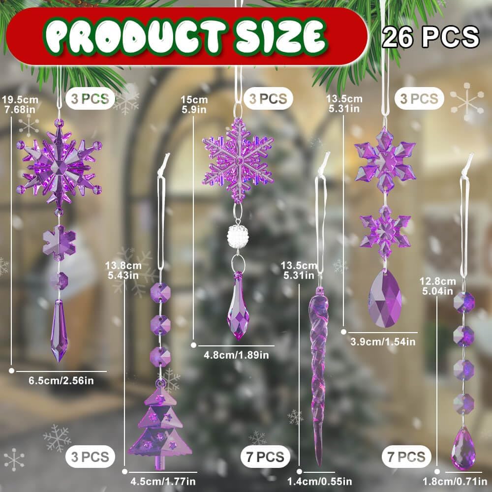 Lanpn 26 Pcs Christmas Ornaments Crystal Christmas Tree Decoration, Hanging Clear Acrylic Snowflake Icicle Drop Pendants for Xmas Winter Outdoor Indoor Party Decoration Purple