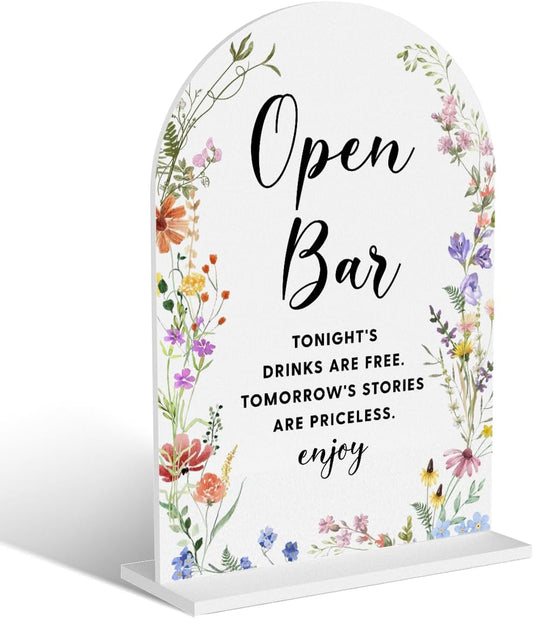 Acrylic Wedding Signs, Open Bar Signs for Marriage Reception, Bridal Shower Decorations, Modern Arched Round Top Acrylic Table Top Sign with Holder for Wedding Party Dinner (White Wildflowers)