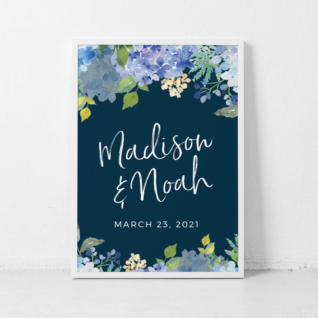 Andaz Press Personalized Extra Large Wedding Easel Board Party Sign, 12x18-inch, Baby Blue Hydrangea Floral Flowers on Navy Blue, Bride Groom Names and Date, 1-Pack, Custom