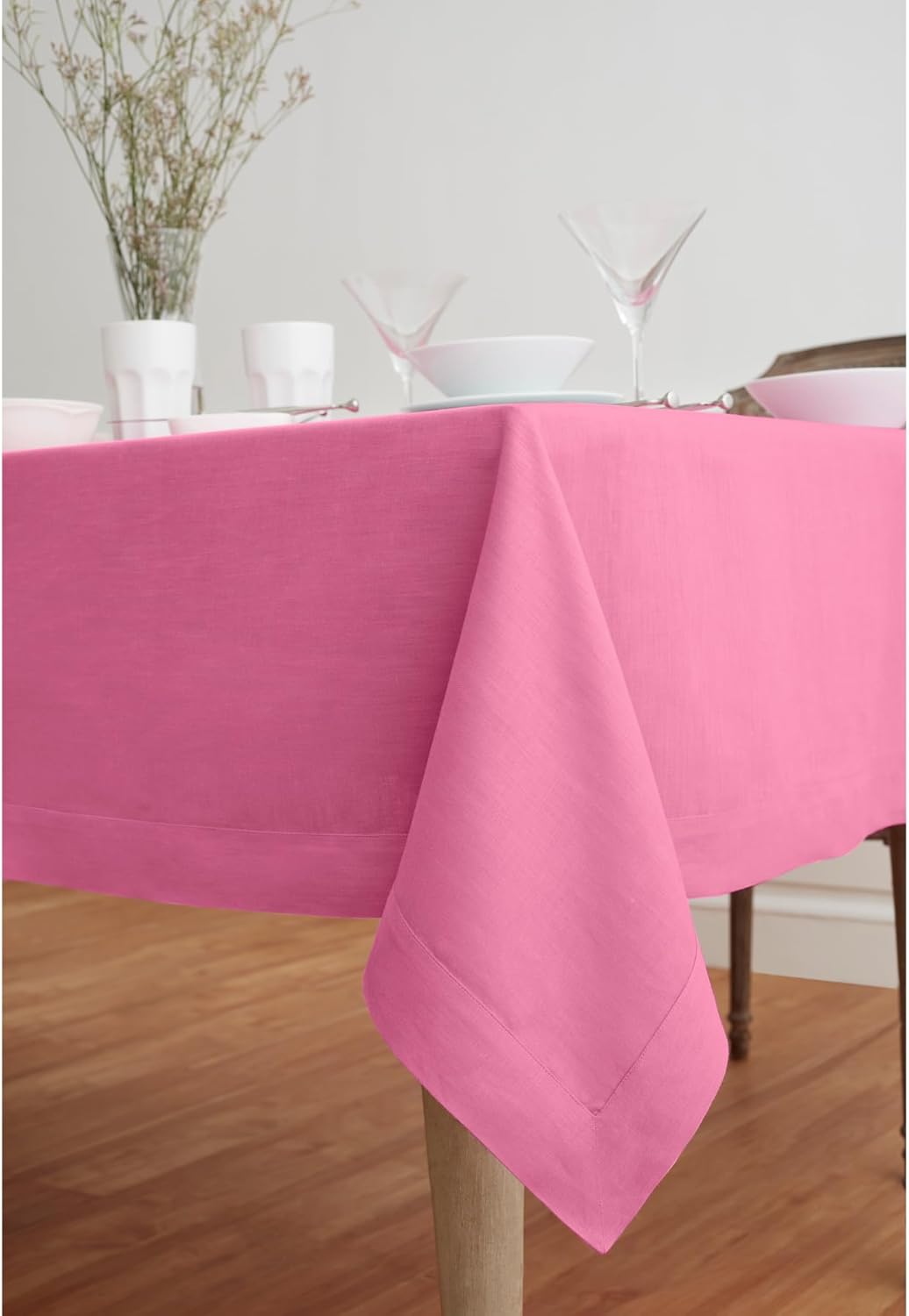 Solino Home Linen Tablecloth for Rectangle Tables 60 x 90 Inch - 100% Pure Linen Flamingo Pink Table Cloth - Fete, Machine Washable Cloth Tablecloth for Halloween