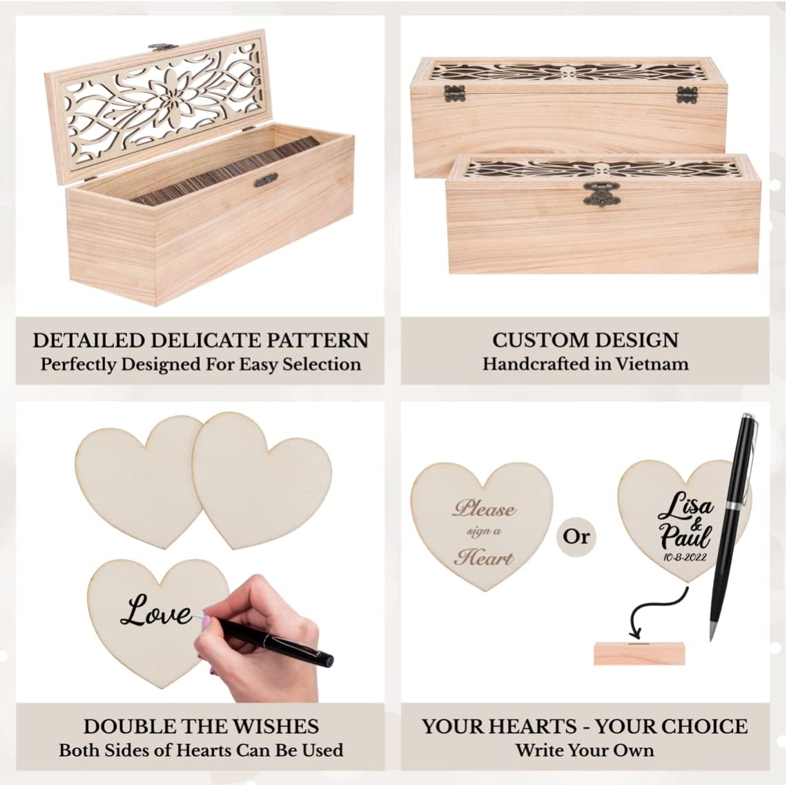 Alternative Guest Book Box - Wedding Guest book Alternative - 98 Large Wooden Hearts - Also for Baby Shower, Bridal Shower, Anniversary, Birthday, Retirement, Funeral Guest Book Alternatives - Pattern