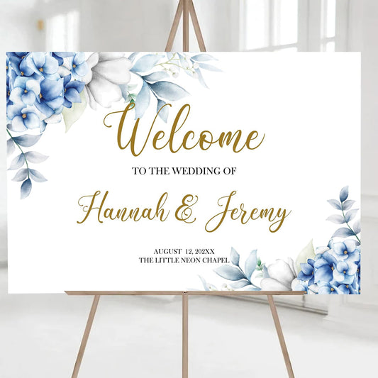 Dusty Blue Wedding Welcome Sign, Editable Floral Template, Printable Ceremony Signage, Elegant Reception Board, Minimalist Blue Wedding Decor