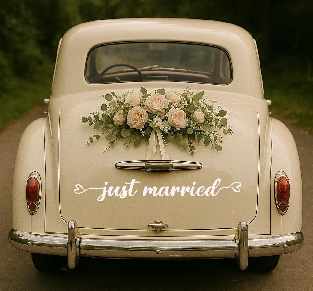 Just Married Vinyl Decal – White Wedding Car Sticker, 28 x 3.8 inch, Just Married Car Window Decal for Newlyweds, Waterproof Wedding Decoration for Rear Windshield or Bumper.