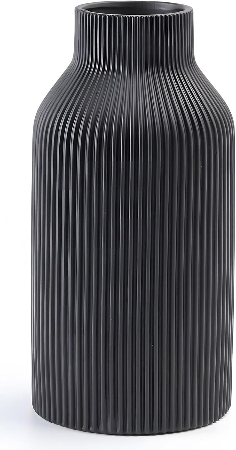 10 Inch Black Ceramic Vase for Decor,Minimalist Modern Home Decorative Large Flower Vase for Pampas Grass,Bookshelf, Living Room, Shelf, Bedroom, Bathroom, Entryway Mantel Decor