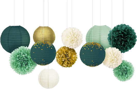 NICROLANDEE Wedding Decorations, 12PCS Hanging Paper Lanterns Tissue Pom Poms Emerald Green Backdrop Decor for Bridal Shower Birthday Baby Shower Green Theme Party Supplies