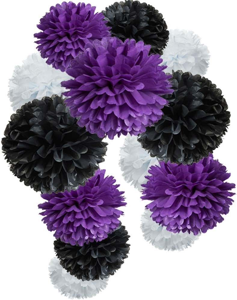 Paper Flower Tissue Pom Poms Graduation and Galaxy Party Favor Supplies (Black,Purple,White,12pc)