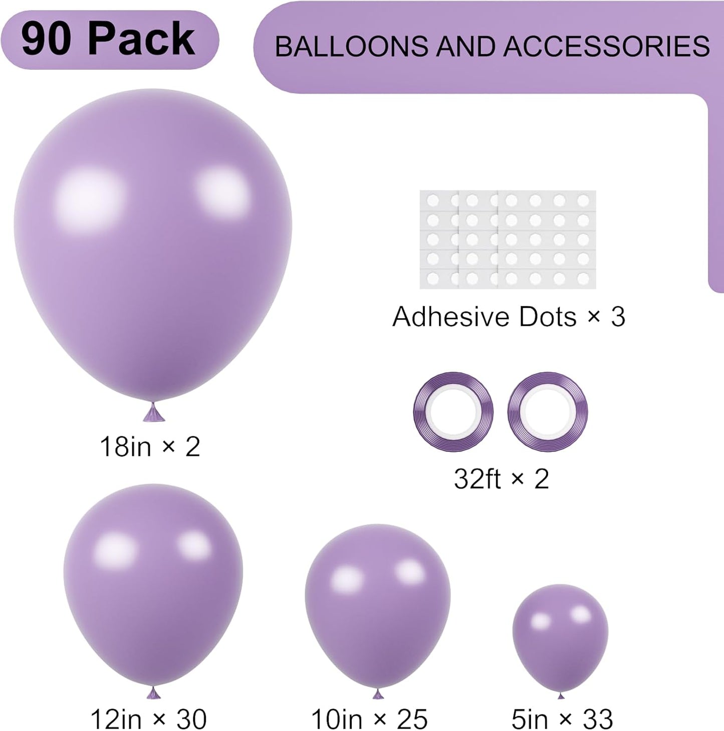 90pack Lilac Balloons Different Size 18/12/10/5 Inch Lilac Balloon Garland Arch Kit for Graduation, Wedding, Birthday, Princess Theme Party, Baby Shower, Anniversary Party Decorations
