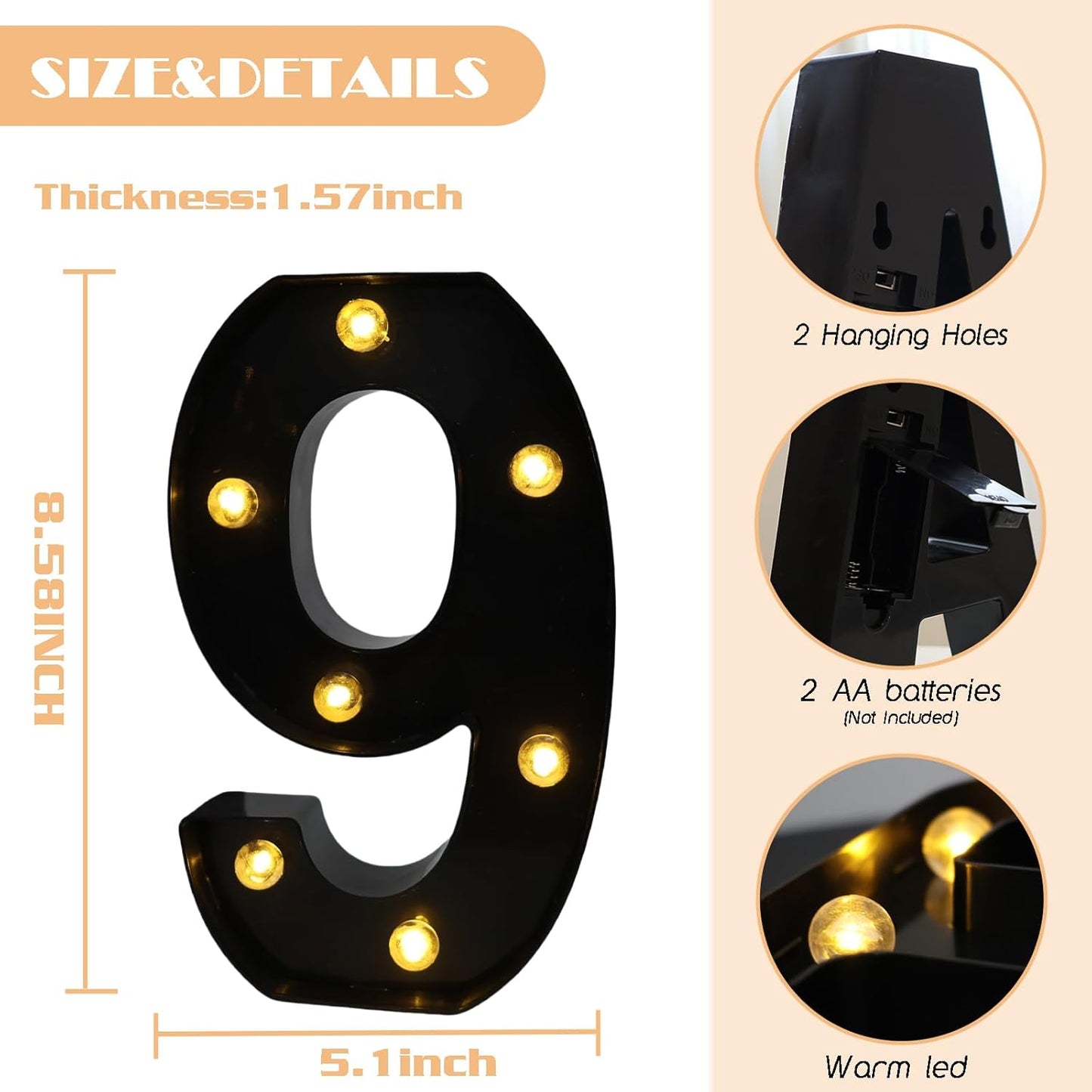 LED Marquee Numbers, 8.58 Inch Led Light Up Numbers for Party, Small Light Up Letters, Battery Powered Lighted Number for Table, Birthday, Night Light, Christmas or Home Decor (Black, Number 9)