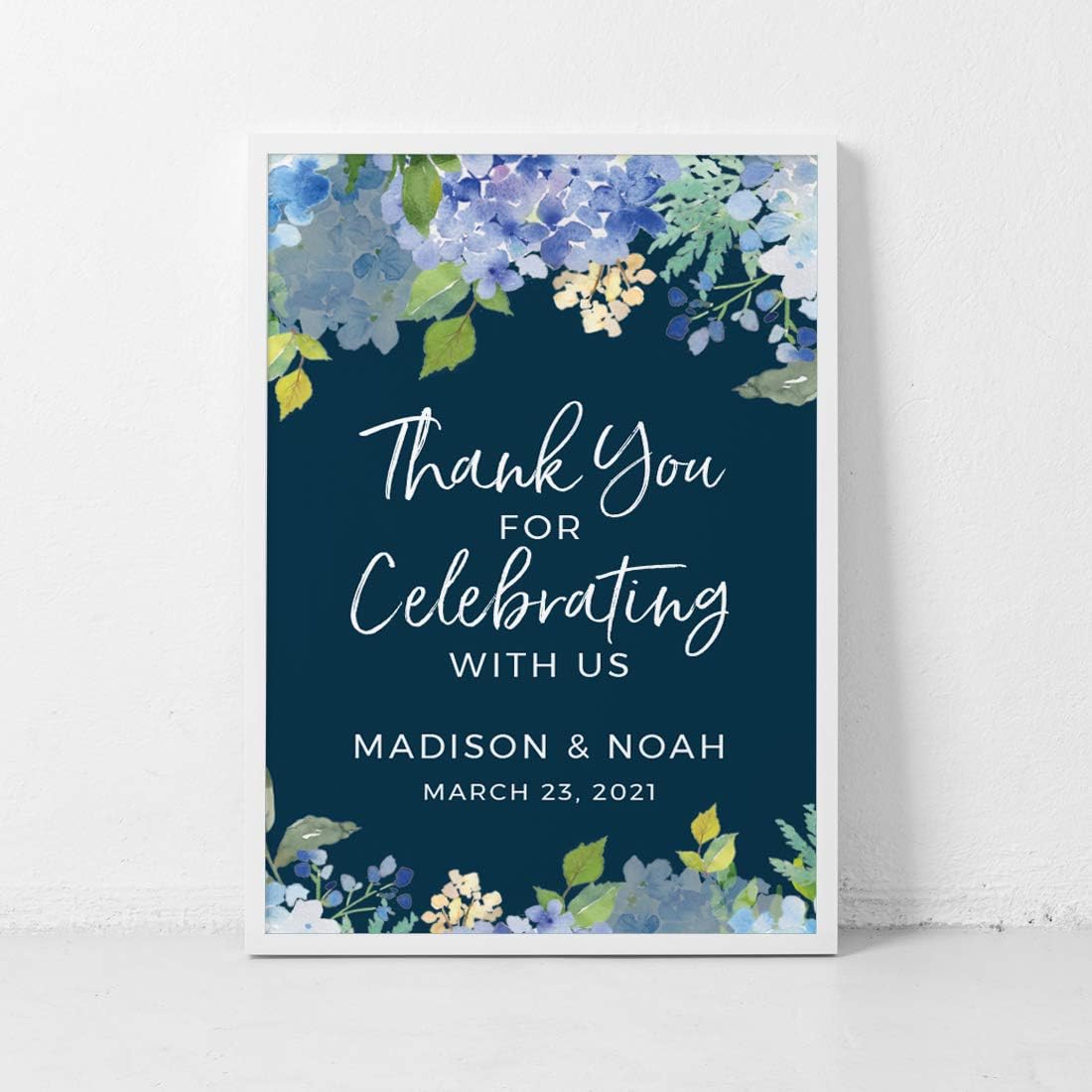 Andaz Press Personalized Extra Large Wedding Easel Board Party Sign, 12x18-inch, Baby Blue Hydrangea Floral Flowers on Navy, Thank You for Celebrating With Us Bride Groom Name Date, 1-Pack, Custom