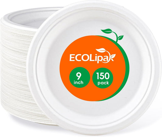 ECOLipak 9 inch 150 Pack Compostable Paper Plates, Heavy Duty Disposable Biodegradable Eco-friendly Sugarcane Bagasse Plates for Party Dinner