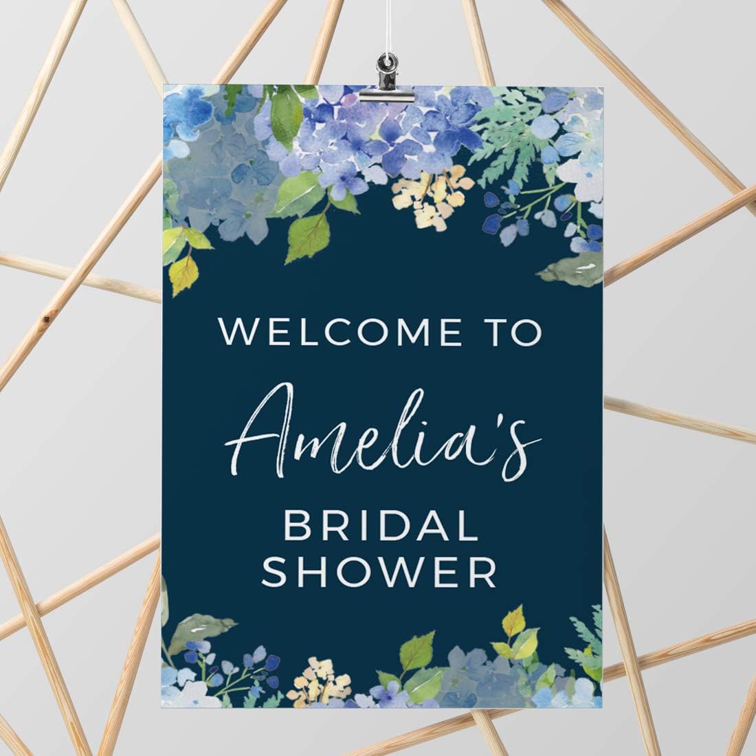 Andaz Press Personalized Extra Large Wedding Easel Board Party Sign, 12x18-inch, Baby Blue Hydrangea Floral Flowers on Navy Blue, Your Text Here, 1-Pack, Custom