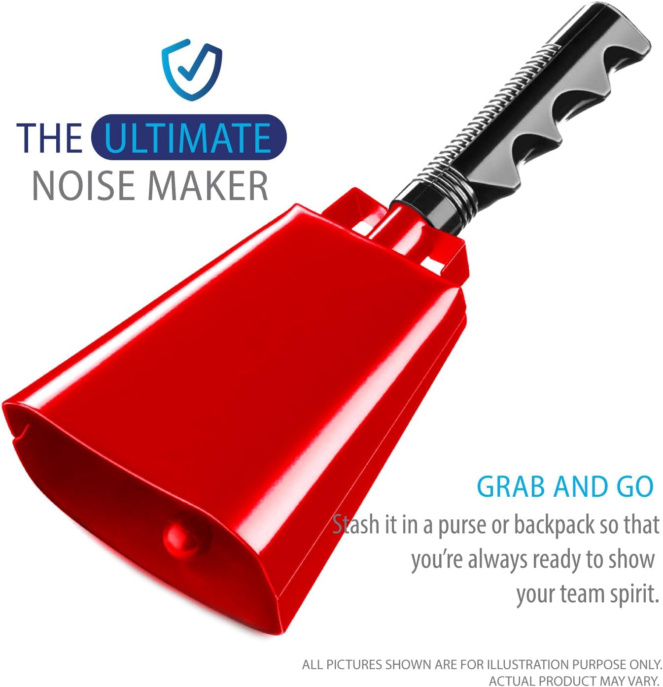 Deke Home - 2 Pack 10 Inch Steel Cowbells with Handle, Loud Noise Makers for Football, Sports, Parties, Competitions, School Spirit & Safety, Large Hand Bell for Cheering & Percussion Instrument