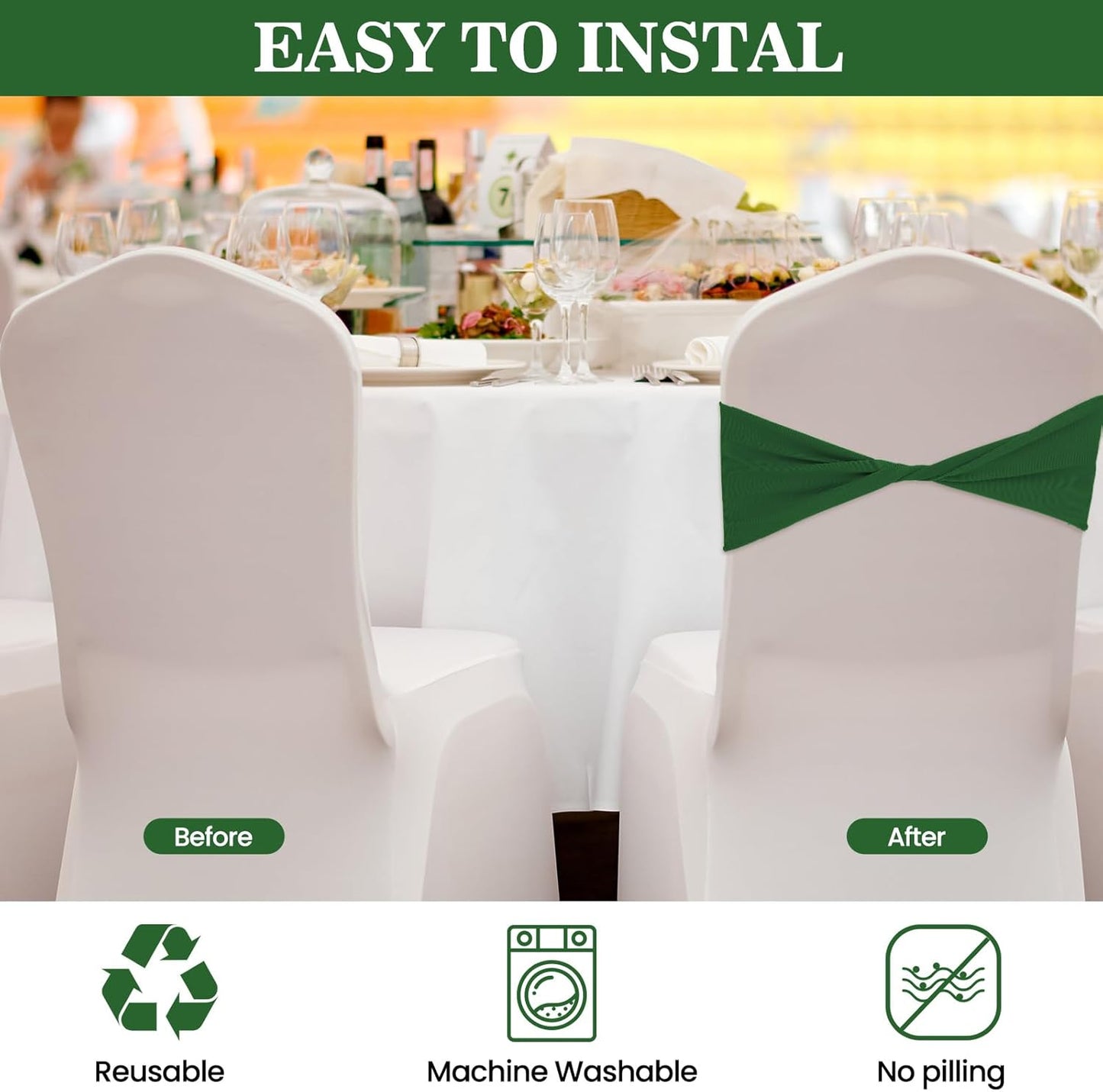 Kinlop 50 Pcs Spandex Chair Sashes Bows Chair Bands Slider Sashes for Covers Elastic Bands Ties Without Buckle Decorations for Wedding Party Events Ceremony Birthday(Green)