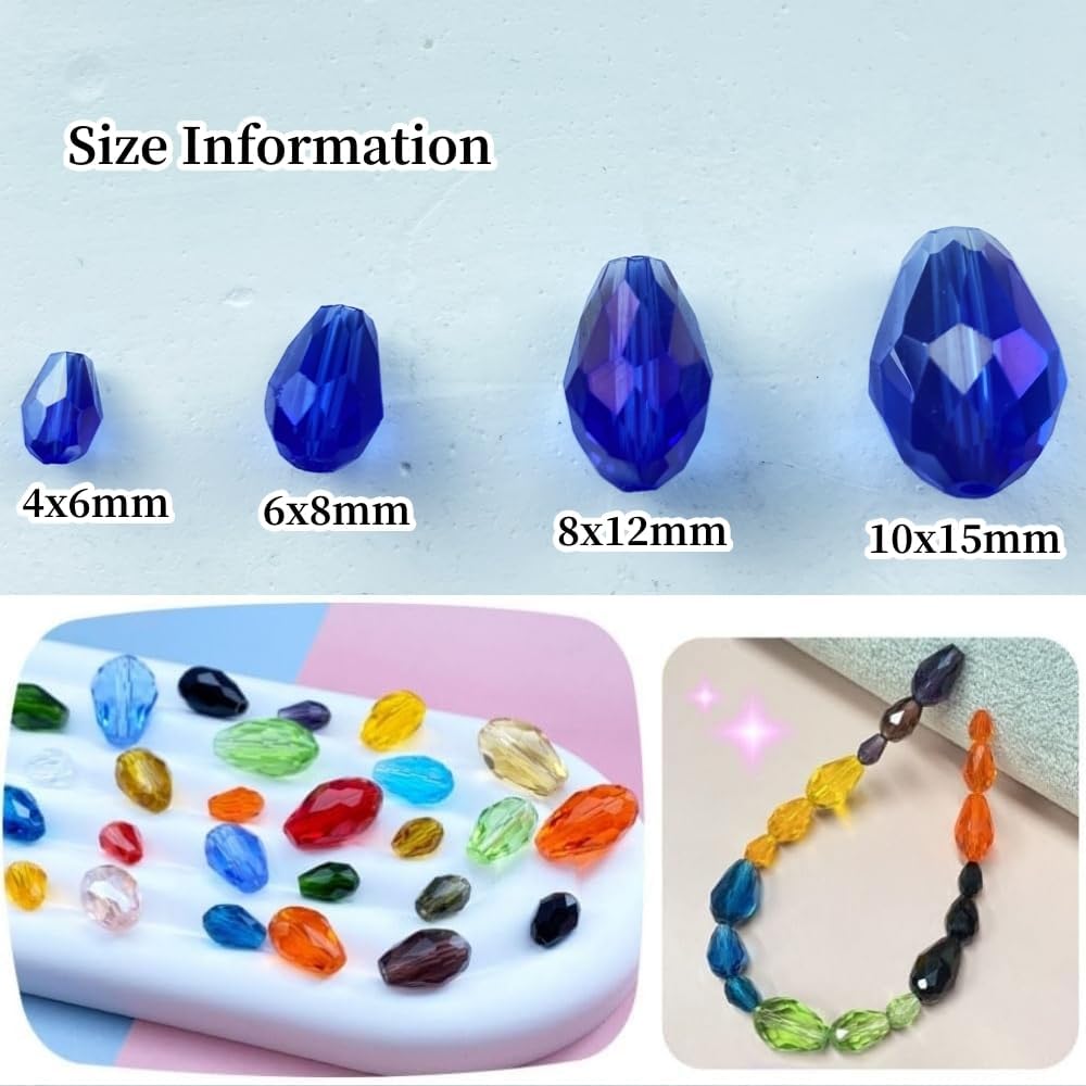 130pcs 6x8mm Teardrop Crystal Glass Beads Vertical Hole Faceted Glass Teardrop Spacer Beads for Bracelets Necklace Earring DIY Jewelry Making Craft(Blue AB)