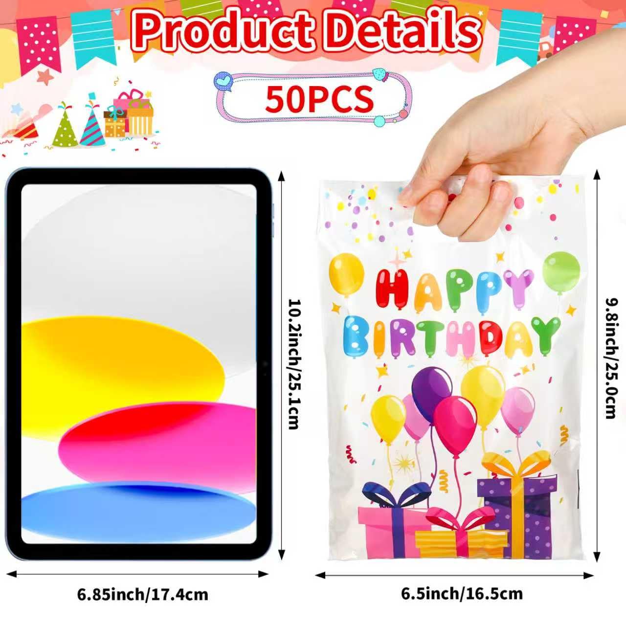 50 PCS Birthday Party Favor Bags - 6.5 x 9.8 Inch Happy Birthday Goodie Bags with Handles - Plastic