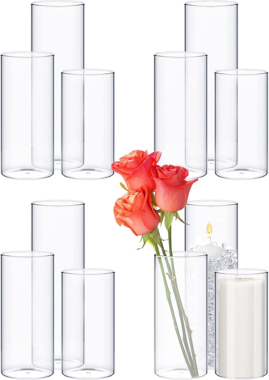 12 Pcs Thin Glass Cylinder Vases 2.5''/3.3'' Diameter 2mm Wall Thickness Clear Flowers Vase Hurricane Floating Candles Holders for Table Centerpieces Wedding Decor (2.5'' X 5'',6'',8'')