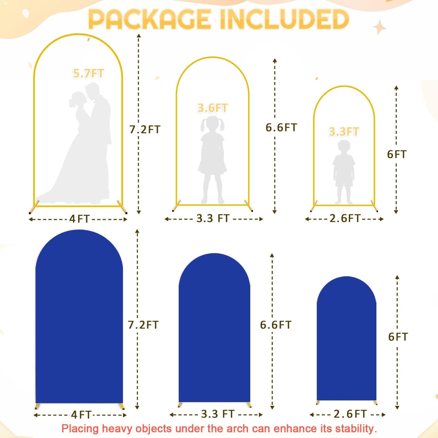 Set of 3 Metal Arch Backdrop Stand with Cover Set 7.2FT, 6.6FT, 6FT Blue Wedding Arch Covers Stretchy Backdrop Spandex for Balloon Party Arch Stand Frame for Gender Reveal Baby Shower Birthday Decor