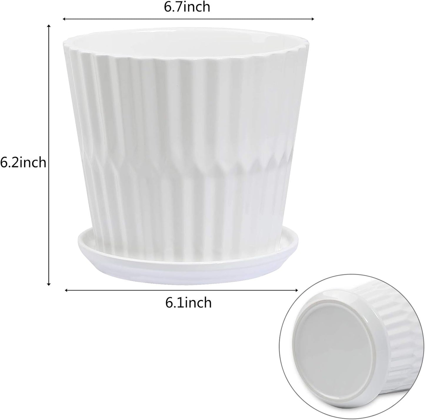 Plant Pots - 6.7 Inch Cylinder Ceramic Planters with Connected Saucer, Pots for Succuelnt and Little Snake Plants, Set of 2, White