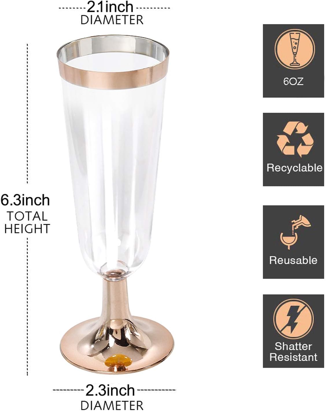 I00000 50 Pack Rose Gold Plastic Champagne Flutes, 5 Oz Fancy Rose Gold Champagne Glasses Plastic Classicware Toasting Glasses Disposable Party Cocktail Cups for Wedding & Party