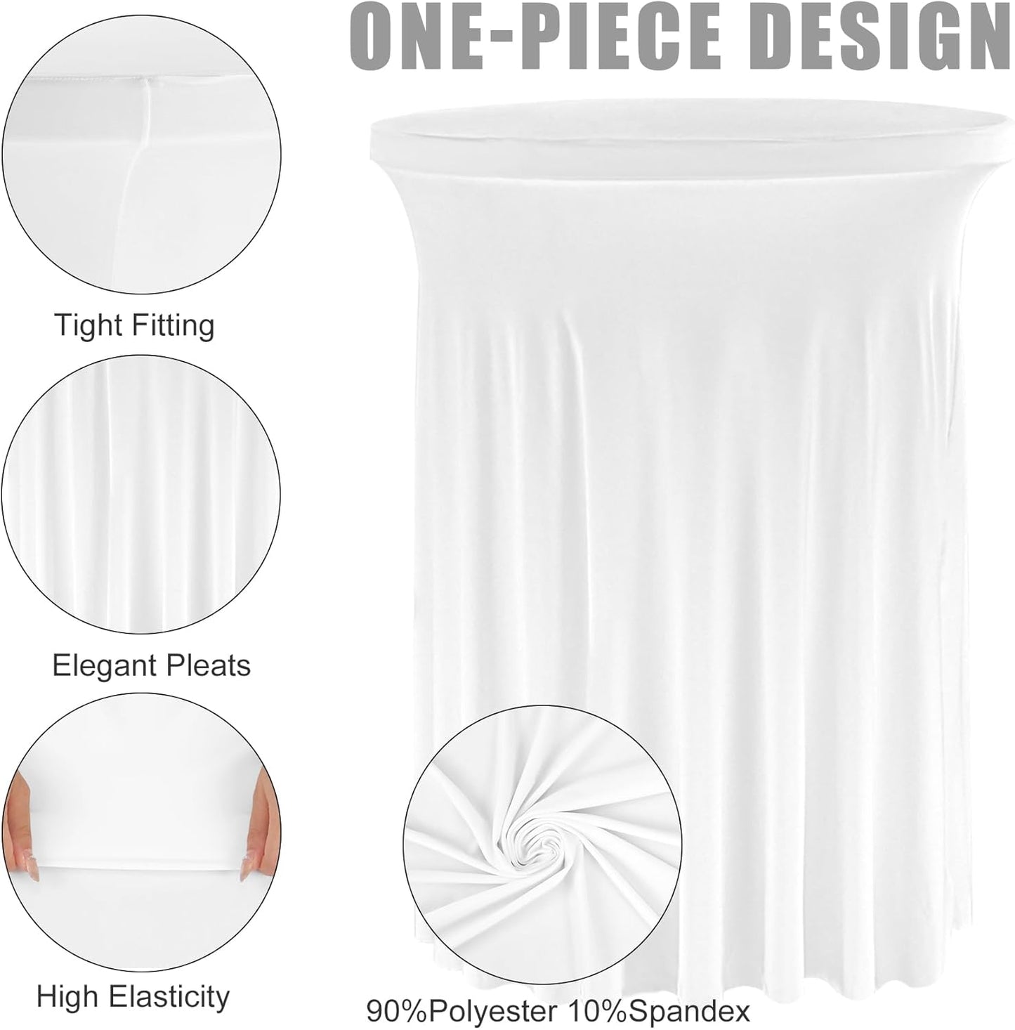 6 Pack Round Cocktail Tablecloth 32"x 43" Spandex Cocktail Table Skirt, Washable Stretch Fitted Table Covers for High Top Bar,Wedding,Party,Events (White)