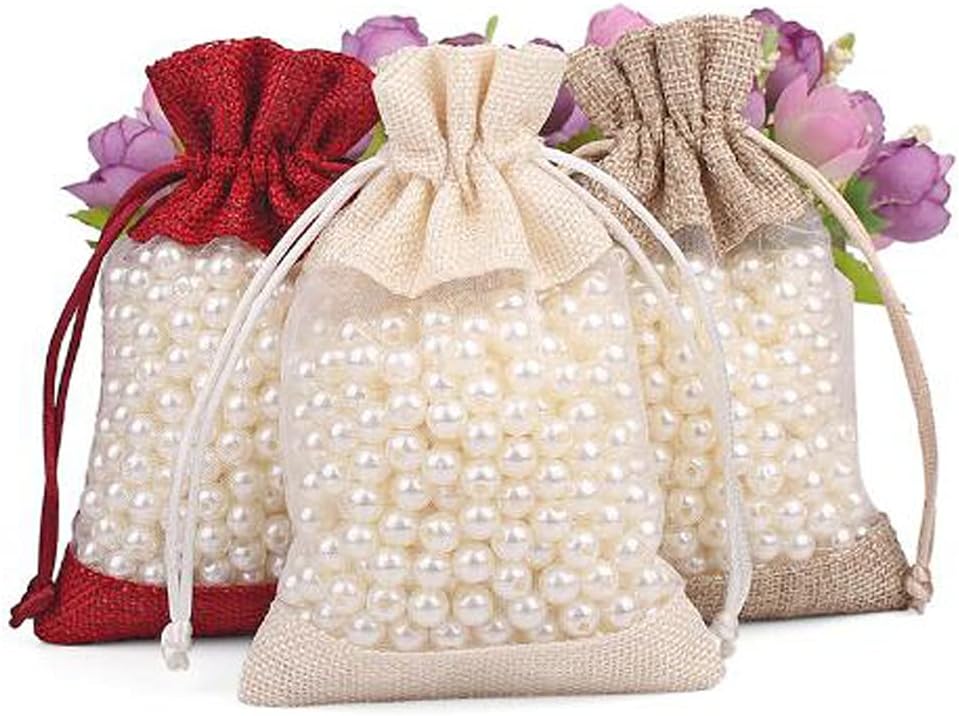 50 Pcs Burlap Bags with Drawstring,3.9"x5.5" Gift Bags Jewelry Pouch Bags for Candy Packing Party Favors Wedding Holiday DIY Craft(Brown)