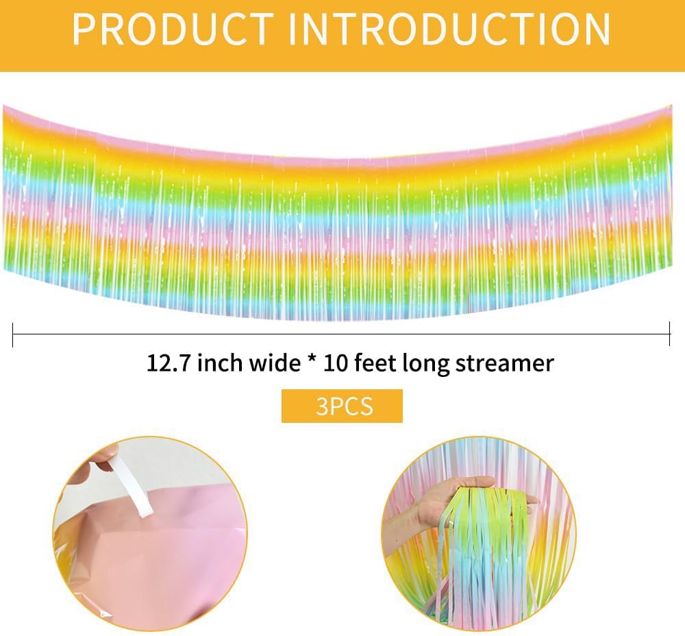 BEISHIDA 3 Packs Metallic Foil Fringe Garland Light Rainbow Wall Hanging Tinsel Fringe Banners for Car Floats Bridal Shower Wedding Birthday Easter Graduation Holiday Party Decoration(30 Feet)