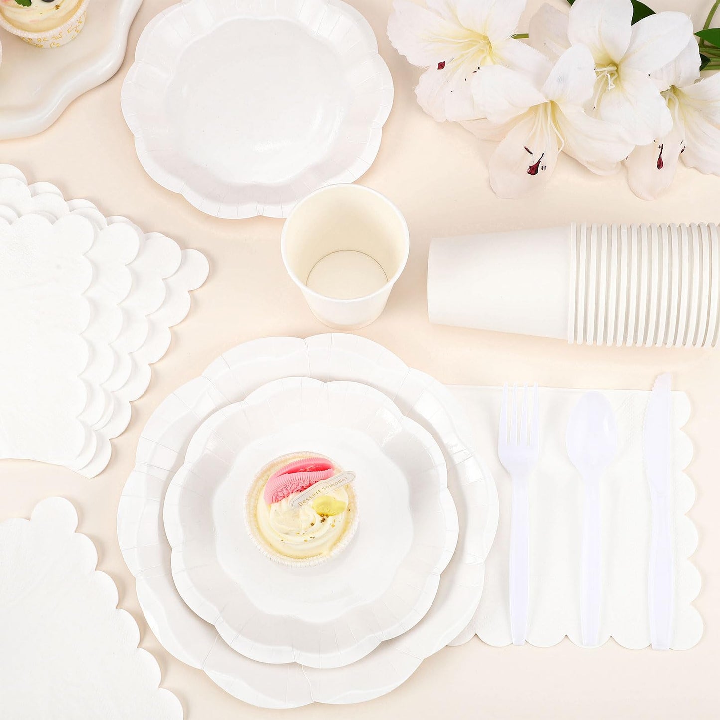 350 Pcs White Party Supplies Include Scalloped Paper Plates and Napkins