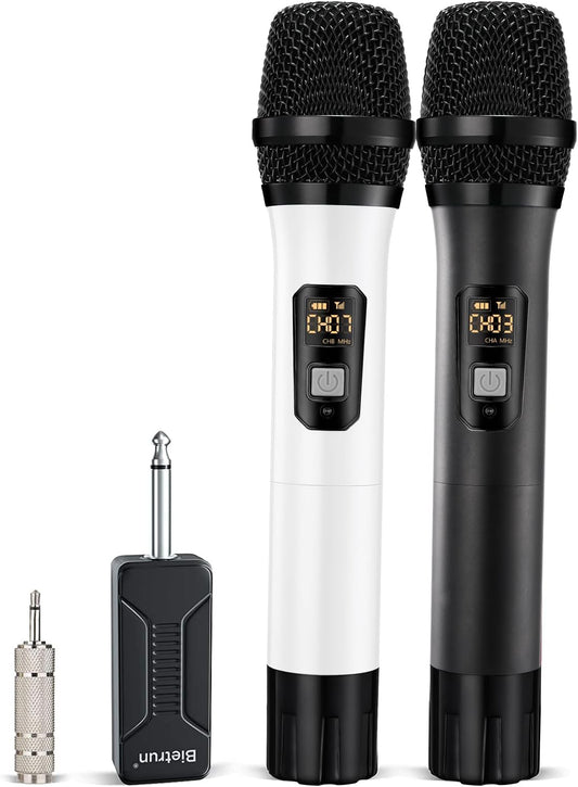 Wireless Microphone, Bietrun UHF Metal Dual Handheld Cordless Dynamic Mic System with Rechargeable Receiver, 1/4‘’Output, for Karaoke, Church, Speech, Wedding, Party Singing(160 ft Range)-Auto Connect
