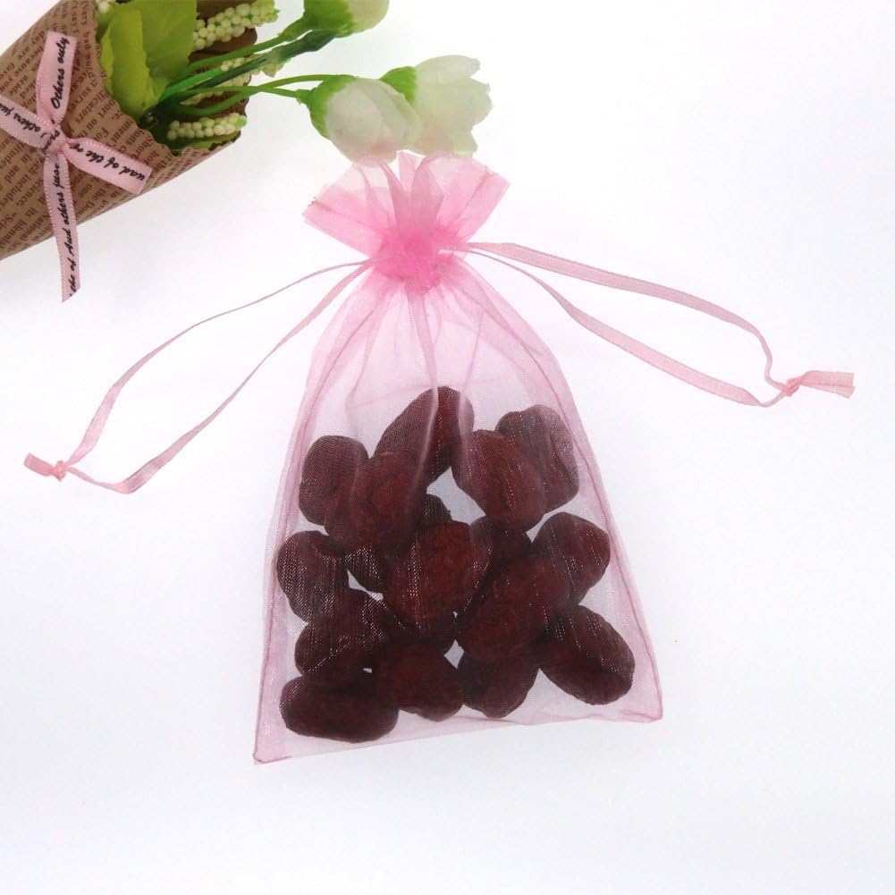 Wudygirl 100pcs Sheer Pink 5''X7 Organza Bags with Drawstring Jewelry Lipstick Pouches Baby Shower Party Wedding Favors Chocolate Candy Bags (Pink 5x7)