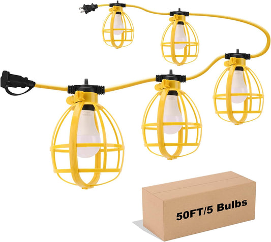 50FT Construction String Lights, 50W 5 Bulbs Work Lights with E26 Base, IP65 Waterproof, 4000LM 6500K Indoor & Outdoor Temporary Lighting for Workshop, Mine cave, Job Site
