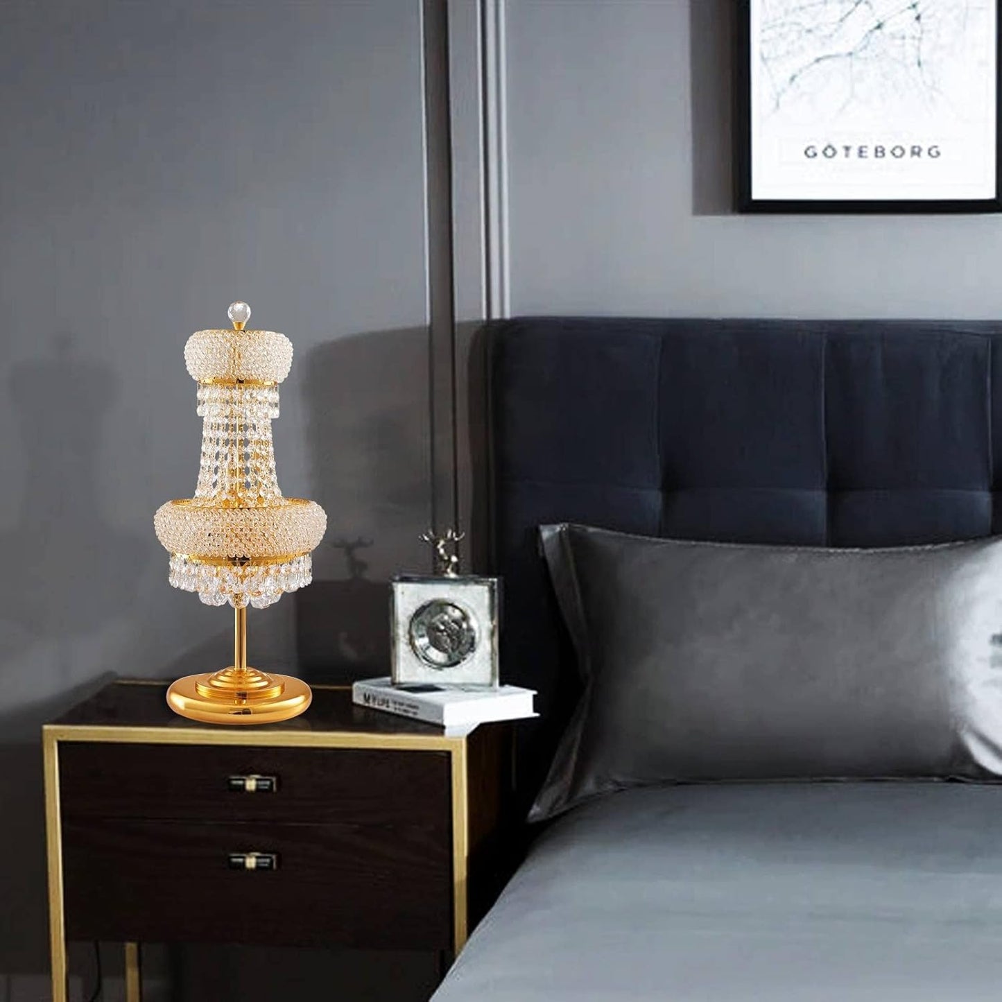 6-Lights Golden Finish Classic Empire Style K9 Crystal Ball Bedside Desk Table Lamp Night Light Fixture for Living Room Dining Room Bedroom Office Home Table Decoration (W 10 × H 22 inch)