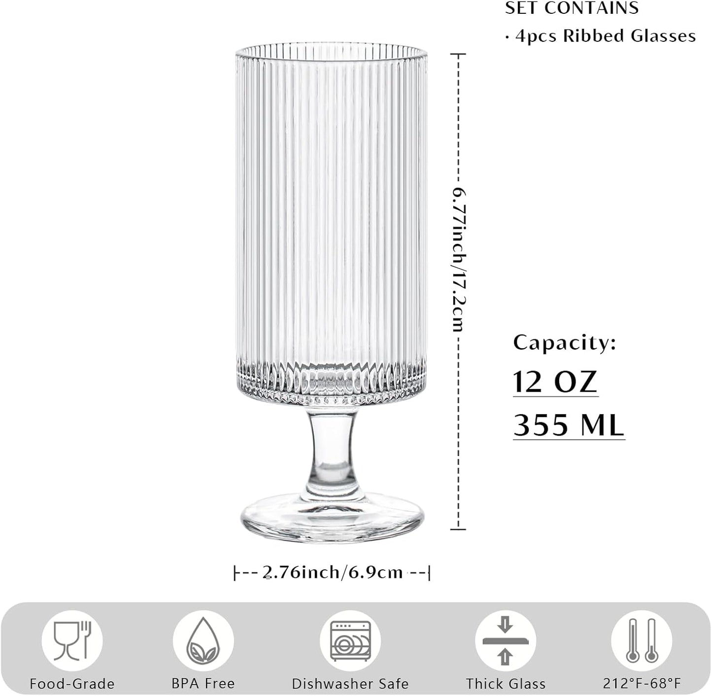 INSETLAN Set of 4 Ribbed Glass Goblets – 12oz Vertical Stripe Stemmed Glassware for Cocktails, Wine, and Beverages – Elegant Durable Glass Cups for Parties, Weddings, and Everyday Use
