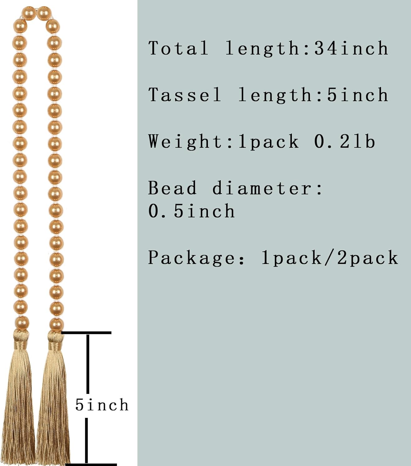 Fenghuangwu 34 Inch Pearl Glass Bead Garland with Tassels - Elegant Boho Table Decor, Fringe Wall Hanging for Wedding, Party, Farmhouse Rustic Prayer Bead Home Decoration(2 Pack,Gold)