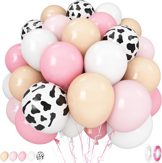 Cow Print Balloons, 60PCS Pastel Pink Cow Print Latex Balloons, Pink Cream Beige White Balloons for Girls Birthday Baby Shower Cowgirl Rodeo Farm Animals Gender Reveal Party Decorations Supplies