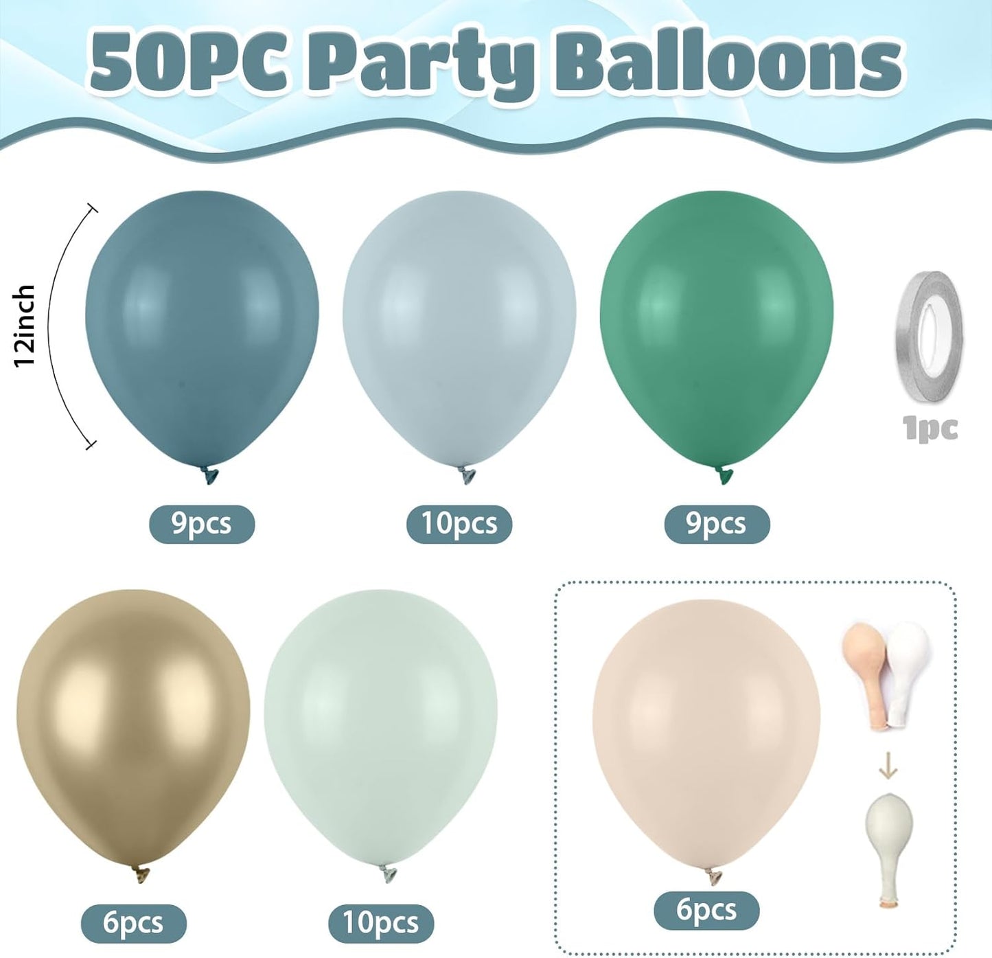 Sage Green Blue Balloons, 50pcs Dusty Green Blue Balloons, Double Stuffed Cream Balloon Champagne Gold Balloon For Birthday Baby Shower Party Wedding Bridal Shower Bachelorette Engagement Decorations