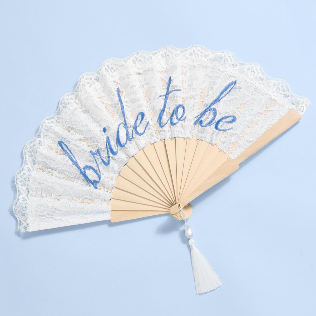 xo, Fetti White Lace Bride to Be Folding Fan | Bridal Something Blue, Wedding Accessory, Bridesmaid Gift, Embroidered Bachelorette Outfit