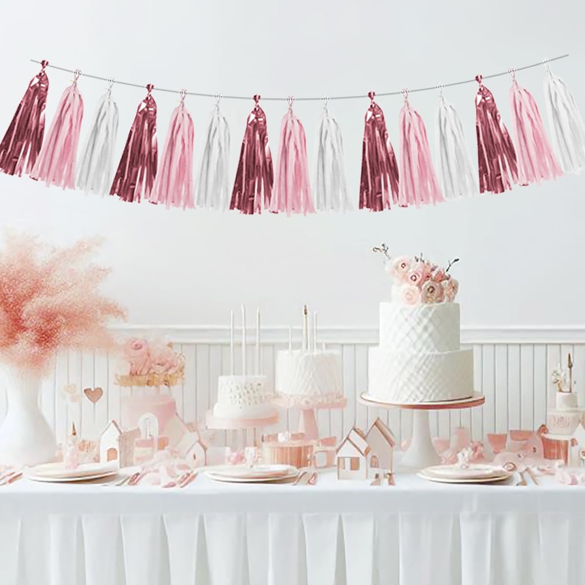 Rose-Gold Pink White Party Decorations - 15Pcs Tissue Paper Tassel Garland Birthday Decorations Valentines Day Decorations Baby Girl Shower Women Bridal Wedding Engagement Bachelorette HongTongTong