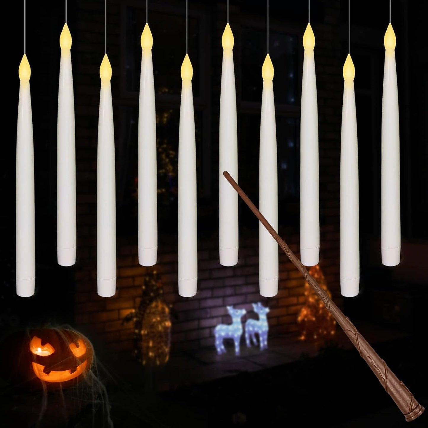 Leejec 10 Pcs of 10.8" Floating Candles with Magic Wand Remote, Halloween Decorations, Indoor Christmas Home Decor, Flickering Warm Light, Battery Operated Flameless Taper LED Electric Window Candle
